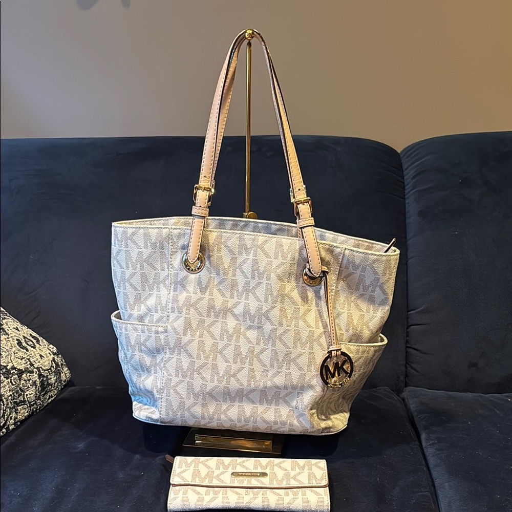 Michael Kors Monogram Cream and Tan Tote
